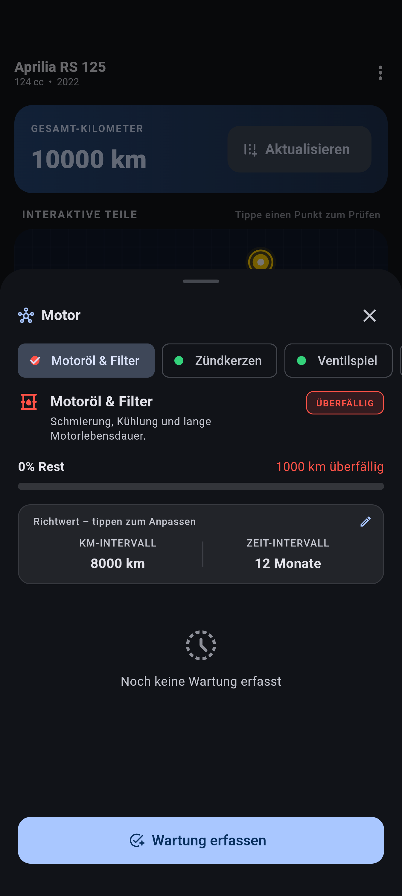 Moto-Log maintenance status screen with an overdue item